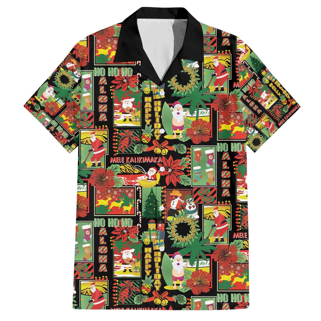 Hawaiian Santa Christmas Pattern Family Matching Puletasi and Hawaiian Shirt Black Version - Polynesian Pride