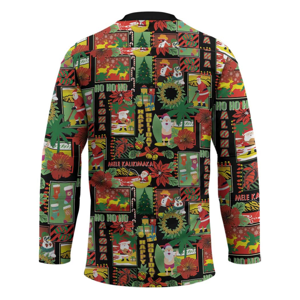 Hawaiian Santa Christmas Pattern Hockey Jersey Black Version - Polynesian Pride