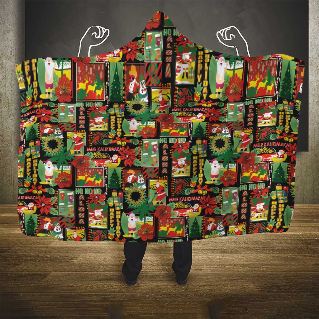 Hawaiian Santa Christmas Pattern Hooded Blanket Black Version - Polynesian Pride