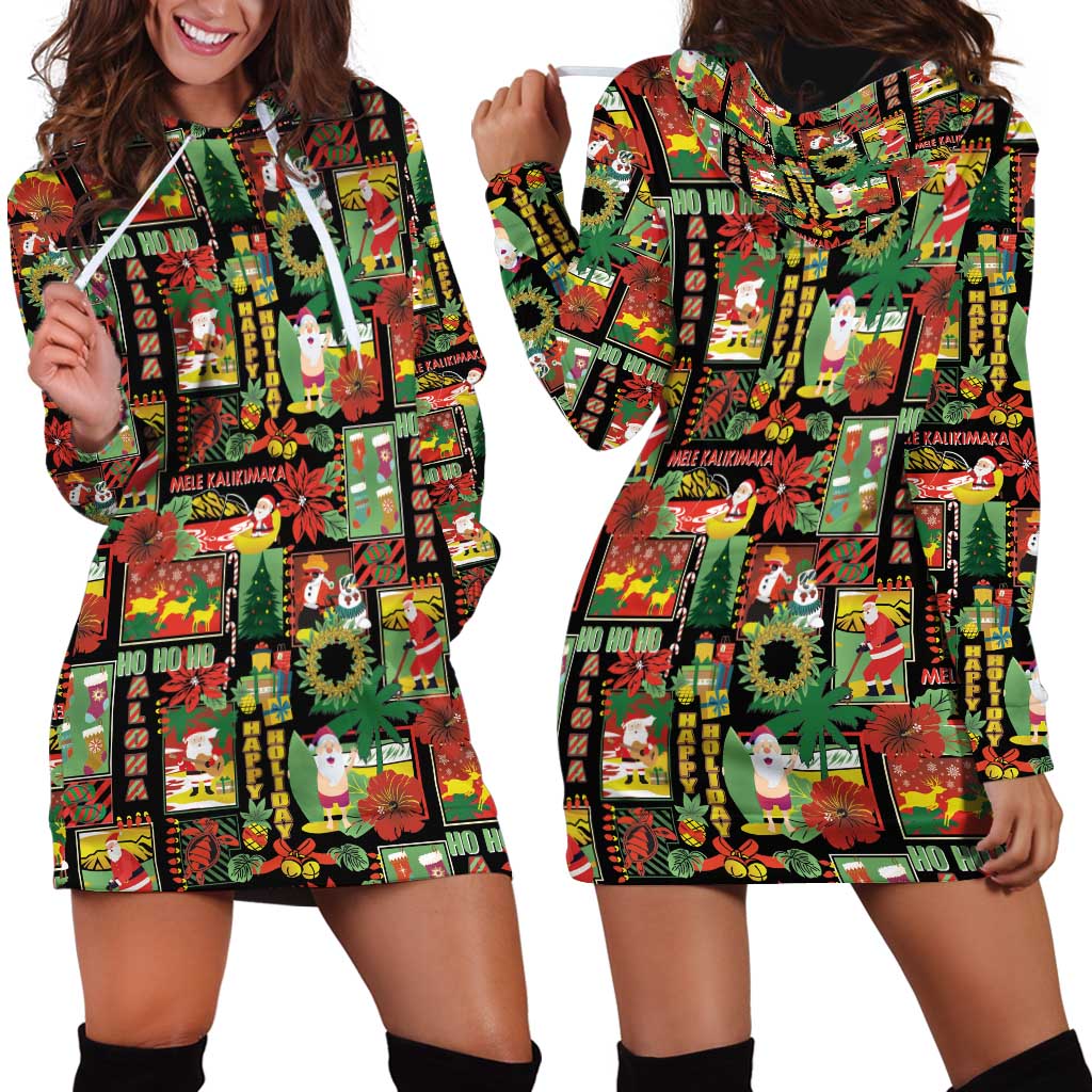 Hawaiian Santa Christmas Pattern Hoodie Dress Black Version - Polynesian Pride