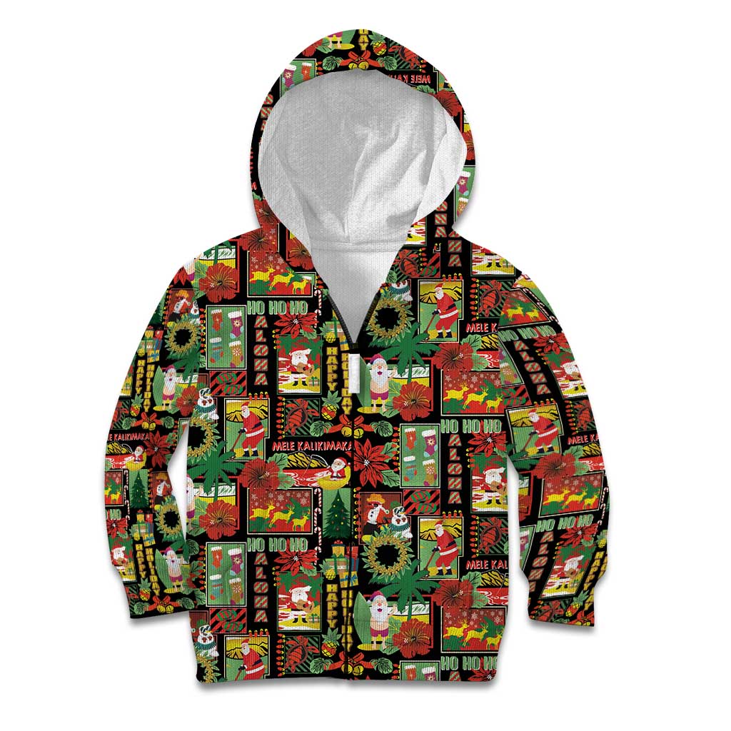 Hawaiian Santa Christmas Pattern Kid Hoodie Black Version - Polynesian Pride