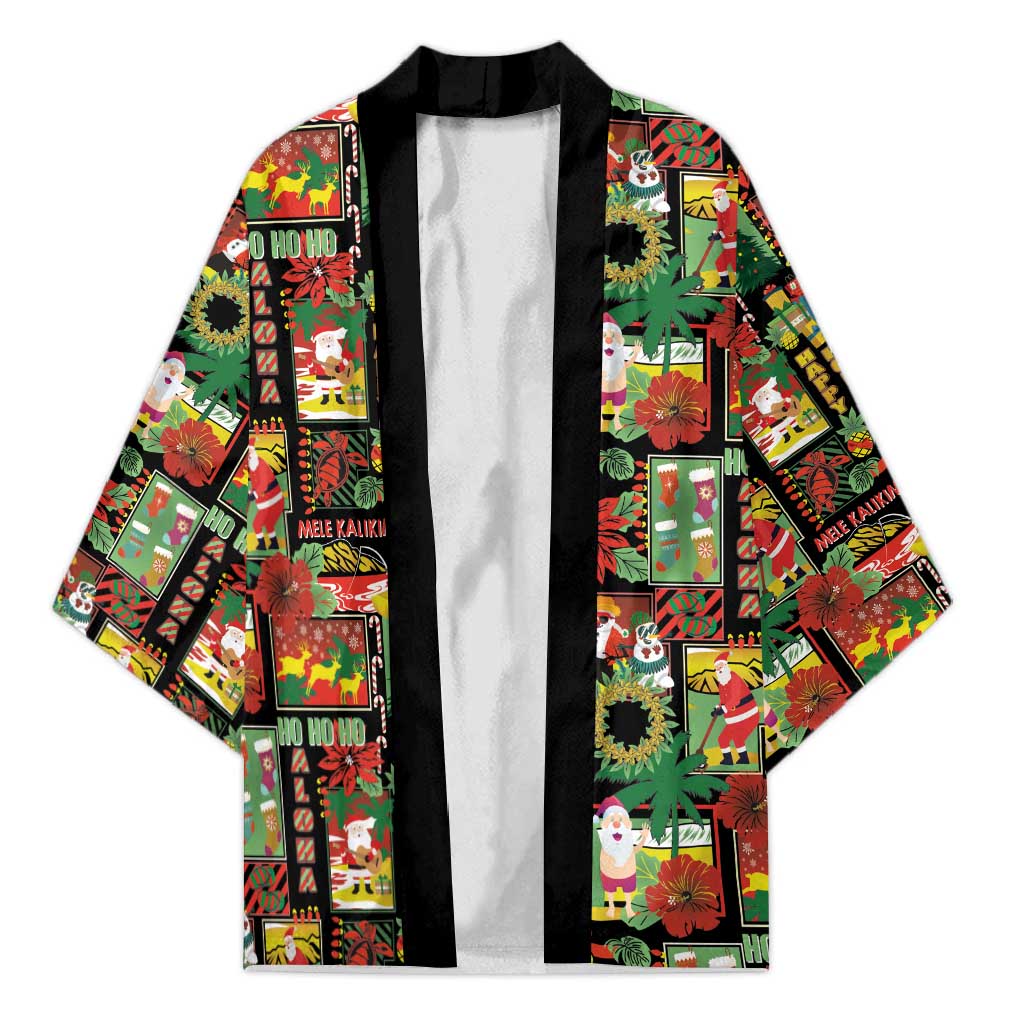Hawaiian Santa Christmas Pattern Kimono Black Version - Polynesian Pride
