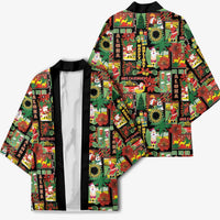 Hawaiian Santa Christmas Pattern Kimono Black Version - Polynesian Pride