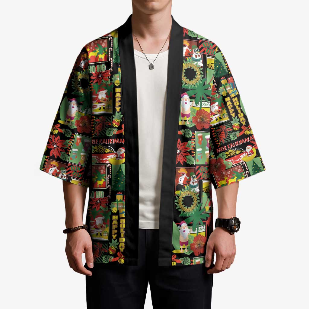 Hawaiian Santa Christmas Pattern Kimono Black Version - Polynesian Pride