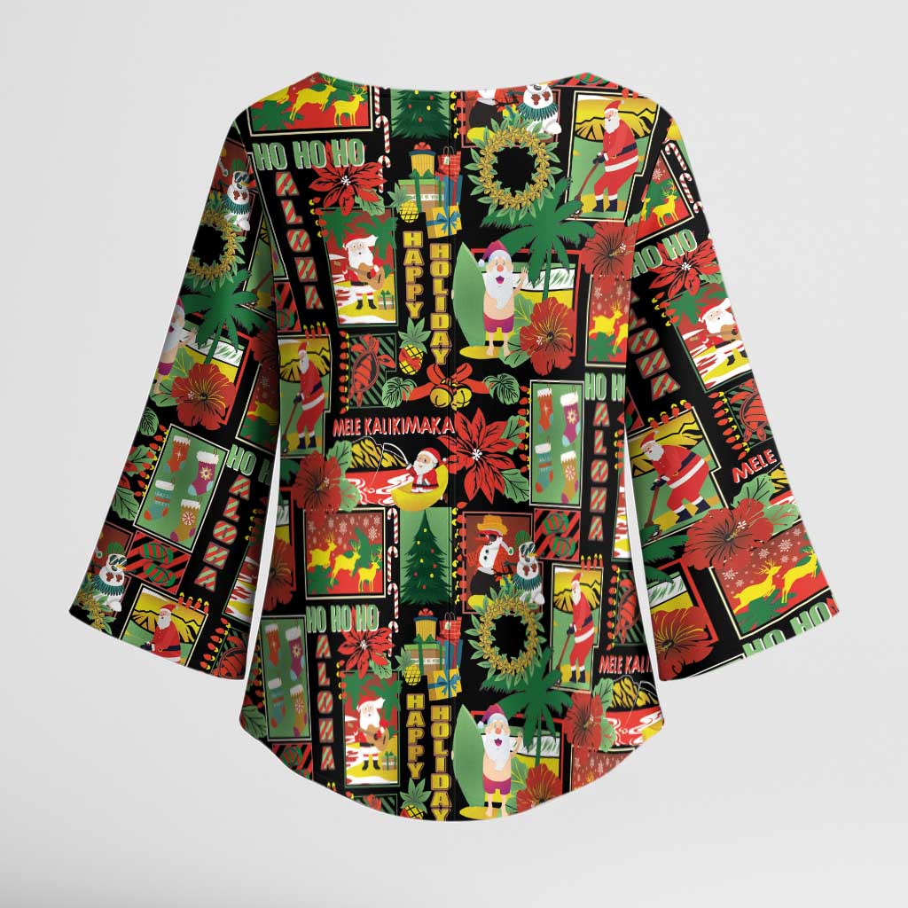 Hawaiian Santa Christmas Pattern Kimono Sleeve Blouse Black Version - Polynesian Pride