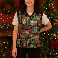 Hawaiian Santa Christmas Pattern Christmas Knitted V-Neck Vest Black Version - Polynesian Pride