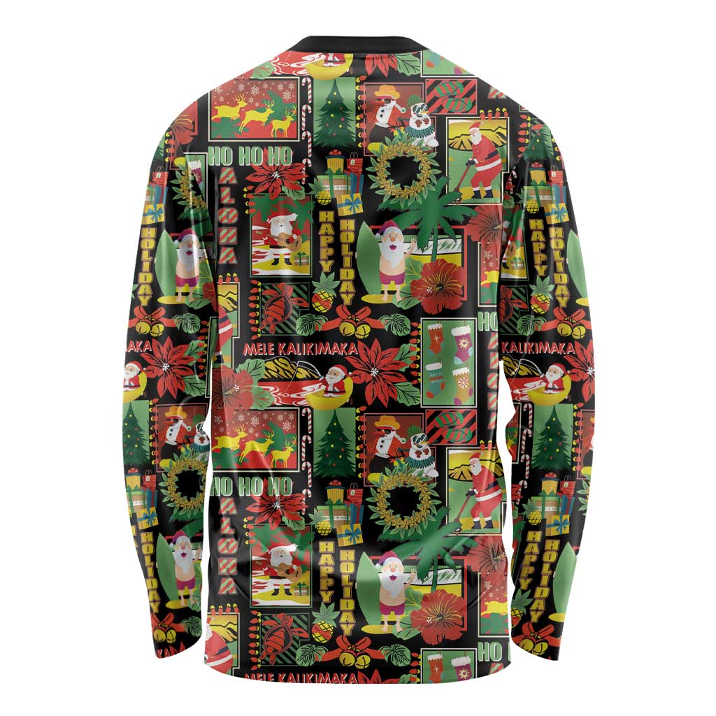 Hawaiian Santa Christmas Pattern Long Sleeve Shirt Black Version - Polynesian Pride