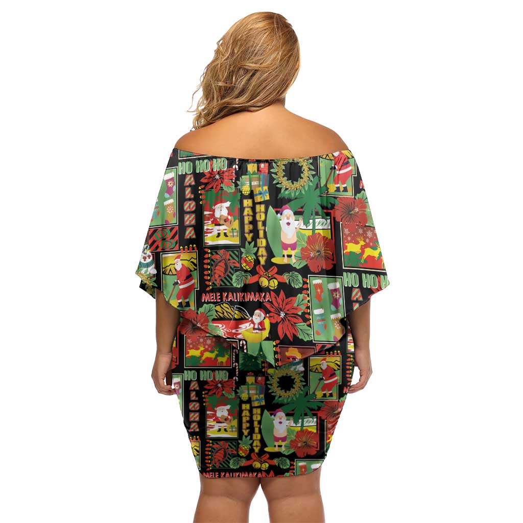 Hawaiian Santa Christmas Pattern Off Shoulder Short Dress Black Version - Polynesian Pride