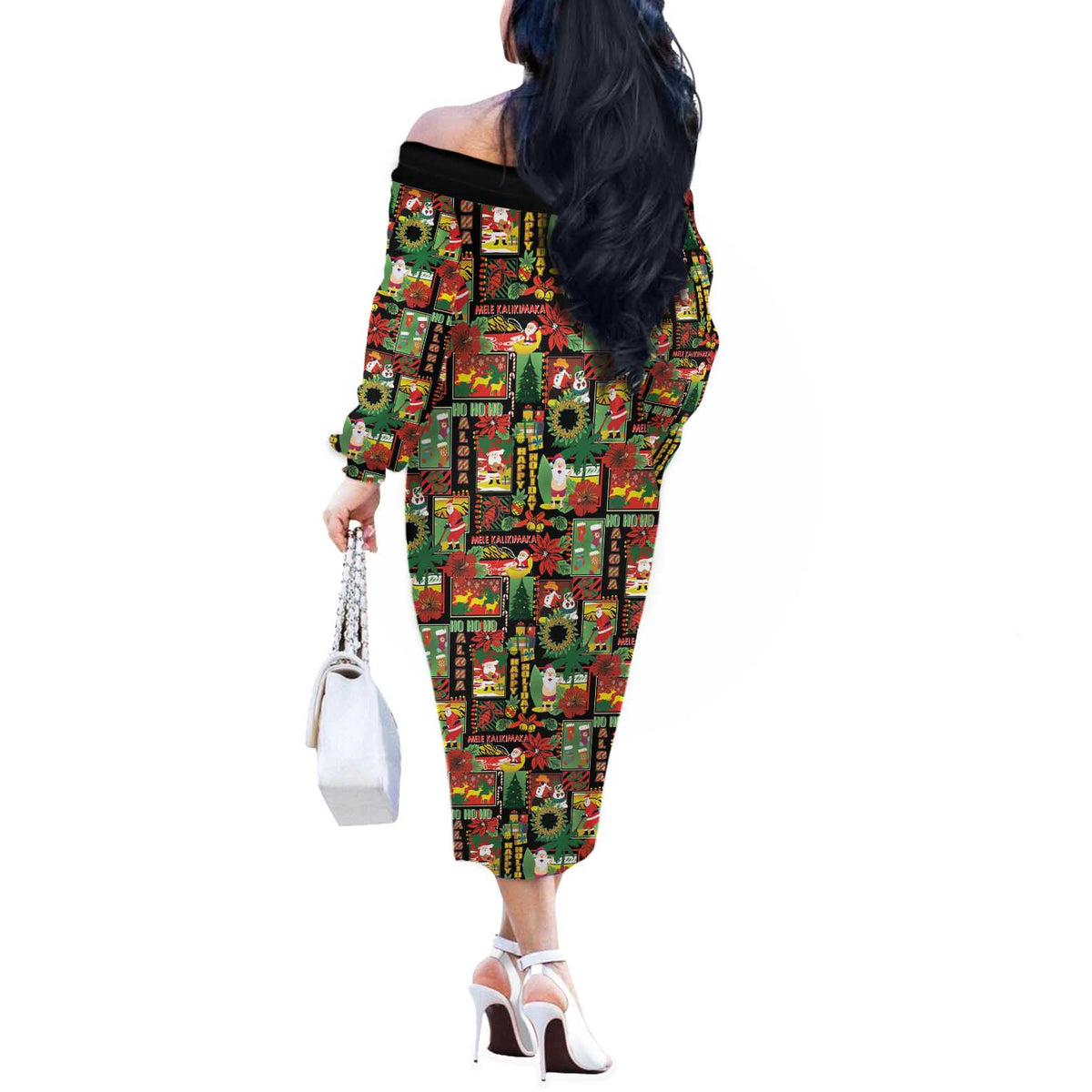 Hawaiian Santa Christmas Pattern Off The Shoulder Long Sleeve Dress Black Version - Polynesian Pride