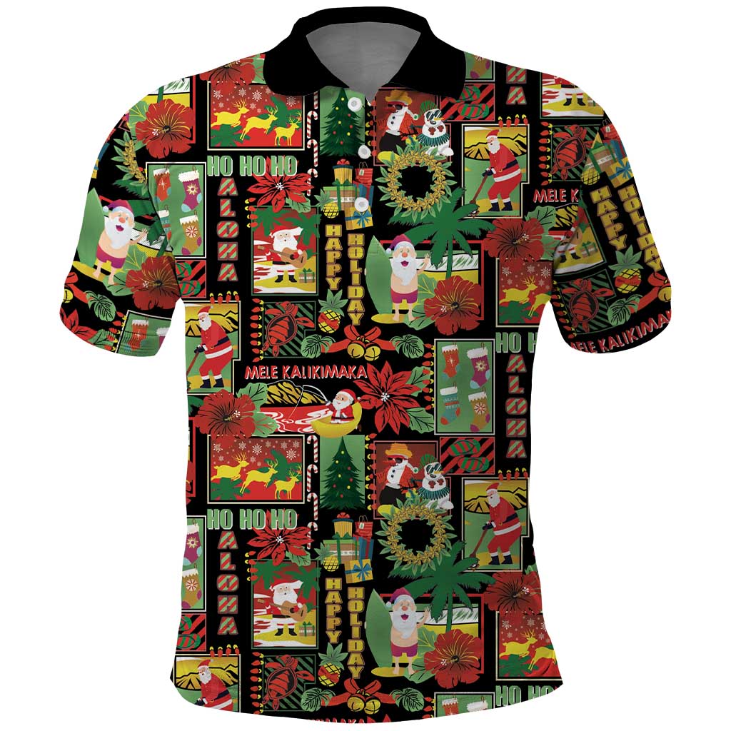 Hawaiian Santa Christmas Pattern Polo Shirt Black Version - Polynesian Pride