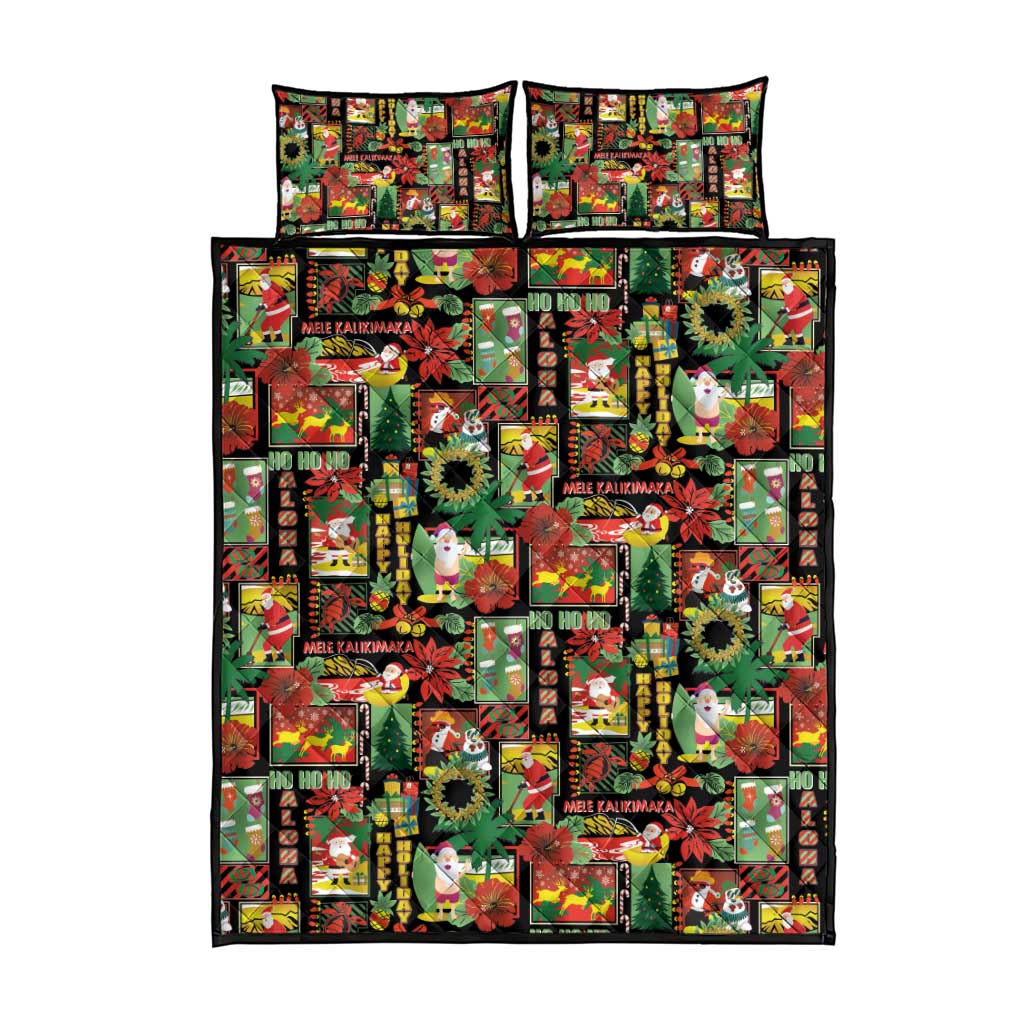 Hawaiian Santa Christmas Pattern Quilt Bed Set Black Version - Polynesian Pride