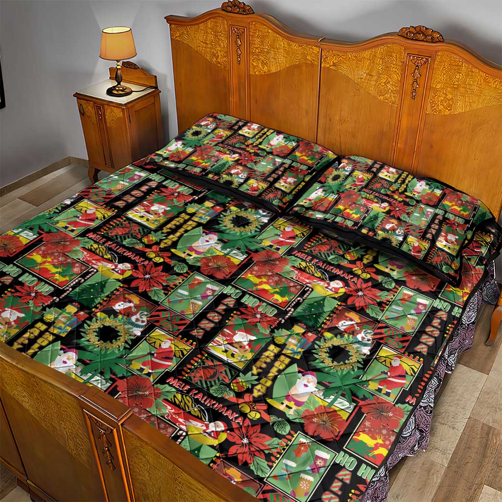 Hawaiian Santa Christmas Pattern Quilt Bed Set Black Version - Polynesian Pride