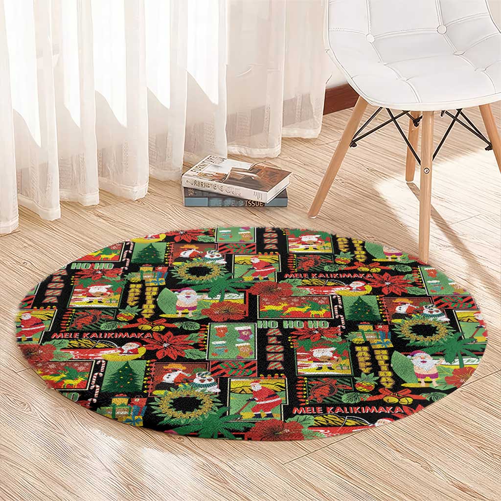 Hawaiian Santa Christmas Pattern Round Carpet Black Version - Polynesian Pride