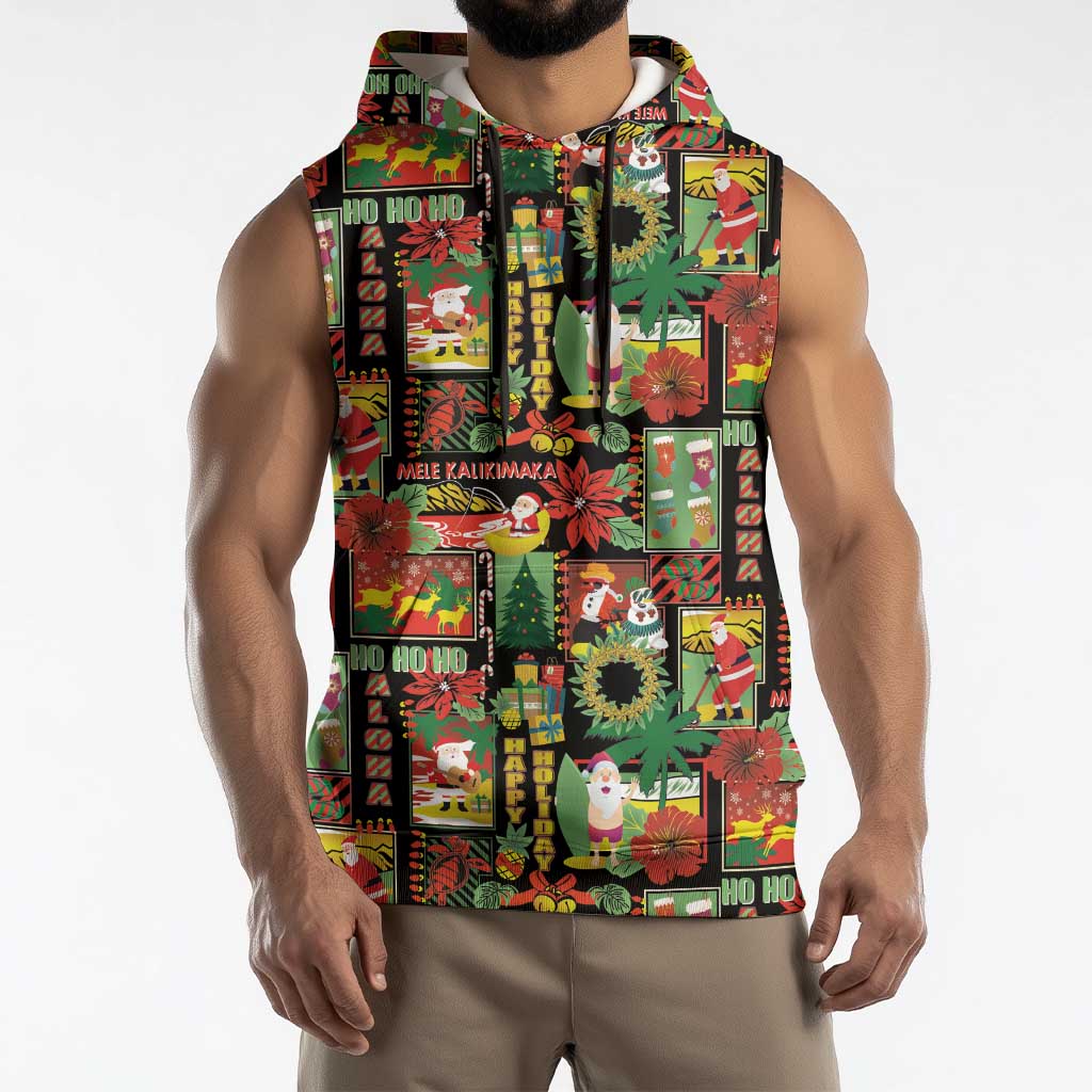 Hawaiian Santa Christmas Pattern Sleeveless Hoodie Black Version - Polynesian Pride
