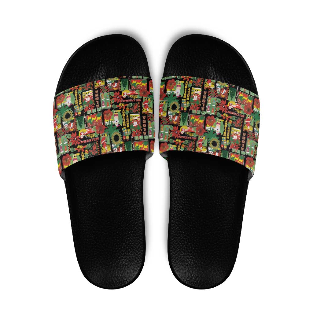 Hawaiian Santa Christmas Pattern Slide Sandals Black Version - Polynesian Pride