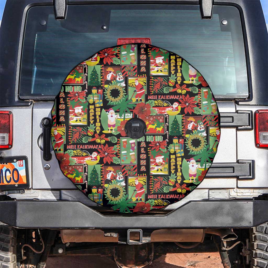 Hawaiian Santa Christmas Pattern Spare Tire Cover Black Version - Polynesian Pride