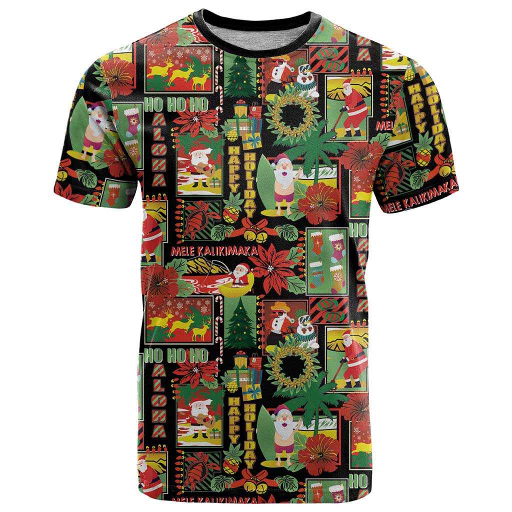 Hawaiian Santa Christmas Pattern T Shirt Black Version - Polynesian Pride