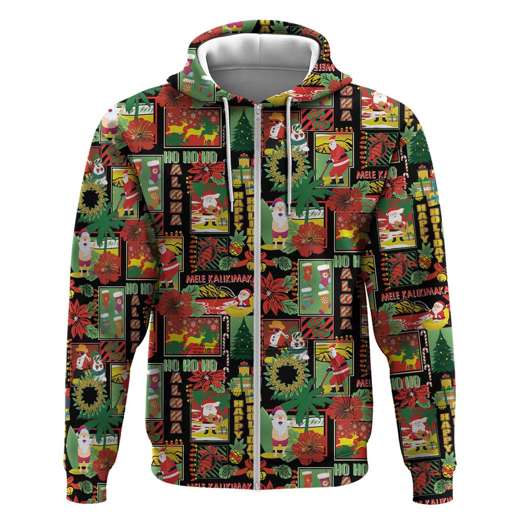 Hawaiian Santa Christmas Pattern Zip Hoodie Black Version - Polynesian Pride