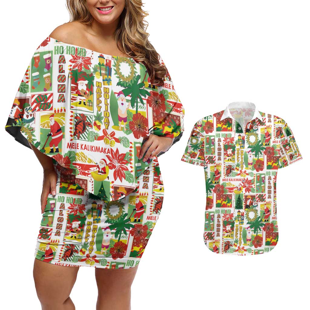 Hawaiian Santa Christmas Pattern Couples Matching Off Shoulder Short Dress and Hawaiian Shirt White Version - Polynesian Pride