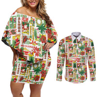Hawaiian Santa Christmas Pattern Couples Matching Off Shoulder Short Dress and Long Sleeve Button Shirt White Version - Polynesian Pride