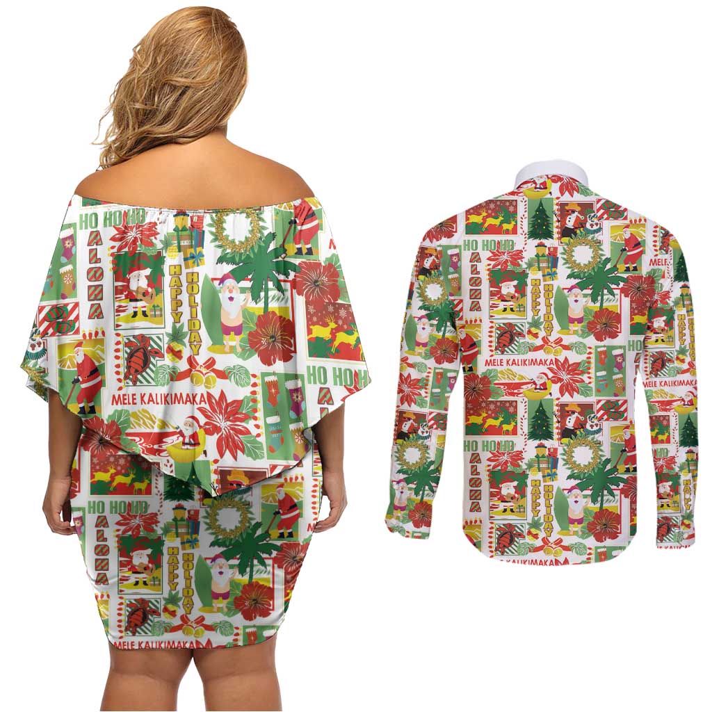 Hawaiian Santa Christmas Pattern Couples Matching Off Shoulder Short Dress and Long Sleeve Button Shirt White Version - Polynesian Pride
