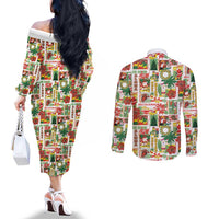 Hawaiian Santa Christmas Pattern Couples Matching Off The Shoulder Long Sleeve Dress and Long Sleeve Button Shirt White Version - Polynesian Pride