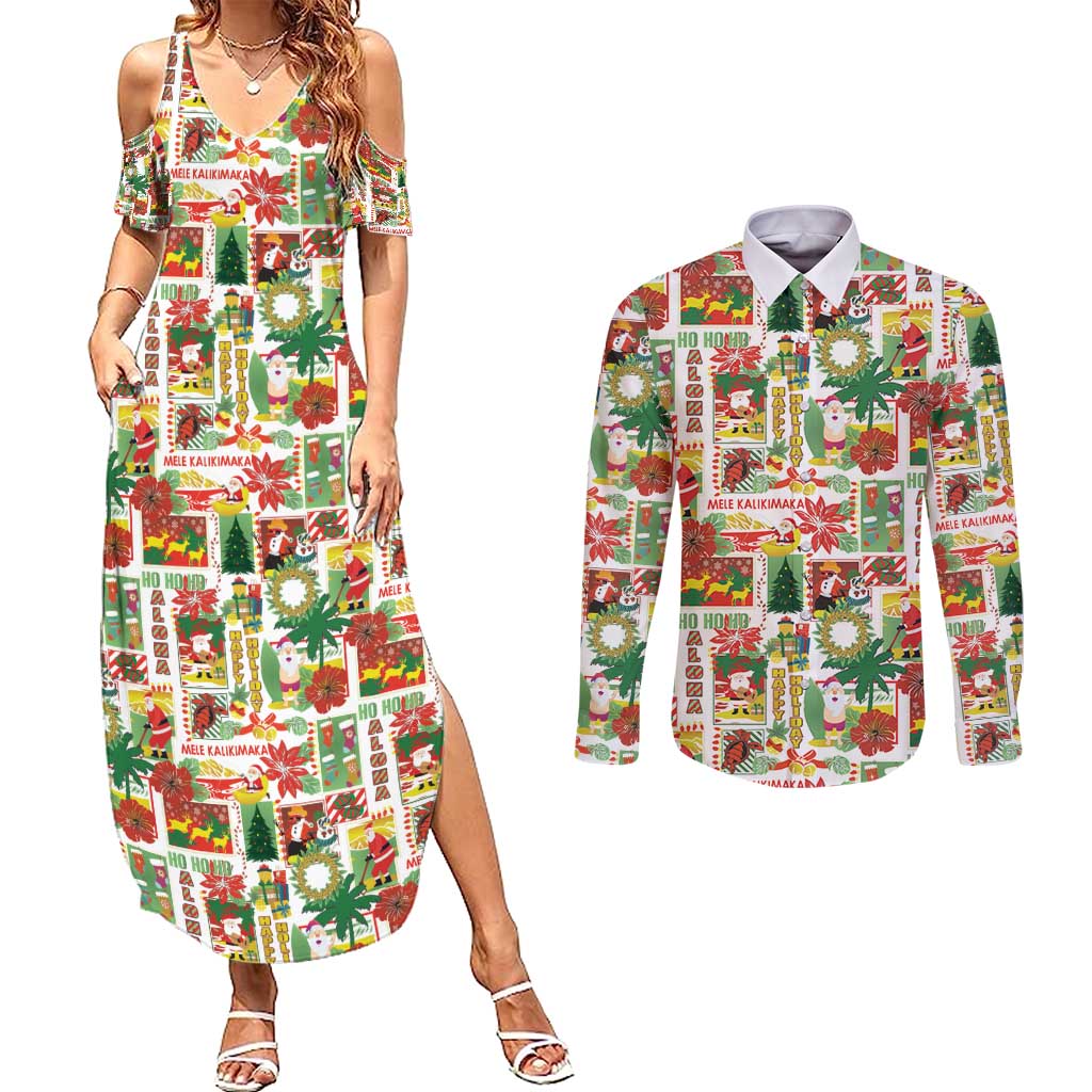 Hawaiian Santa Christmas Pattern Couples Matching Summer Maxi Dress and Long Sleeve Button Shirt White Version - Polynesian Pride