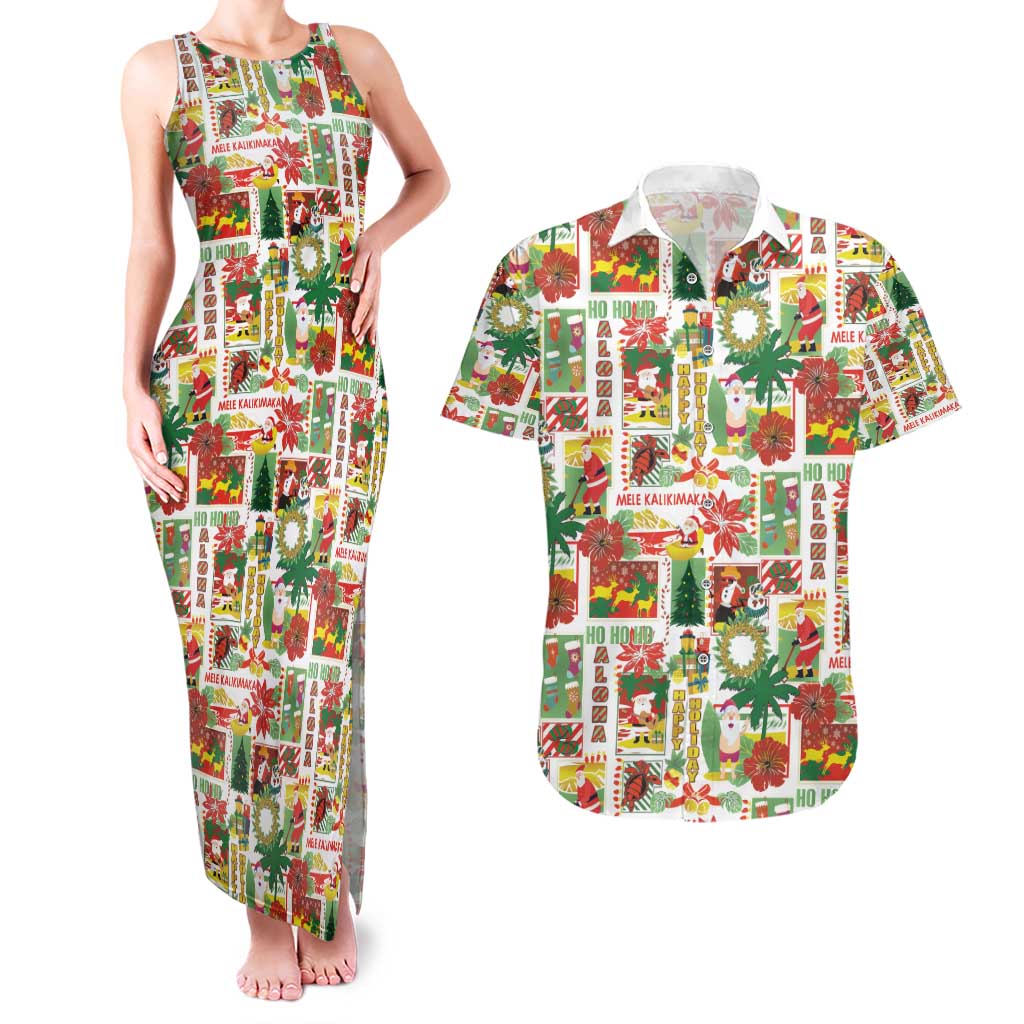 Hawaiian Santa Christmas Pattern Couples Matching Tank Maxi Dress and Hawaiian Shirt White Version - Polynesian Pride