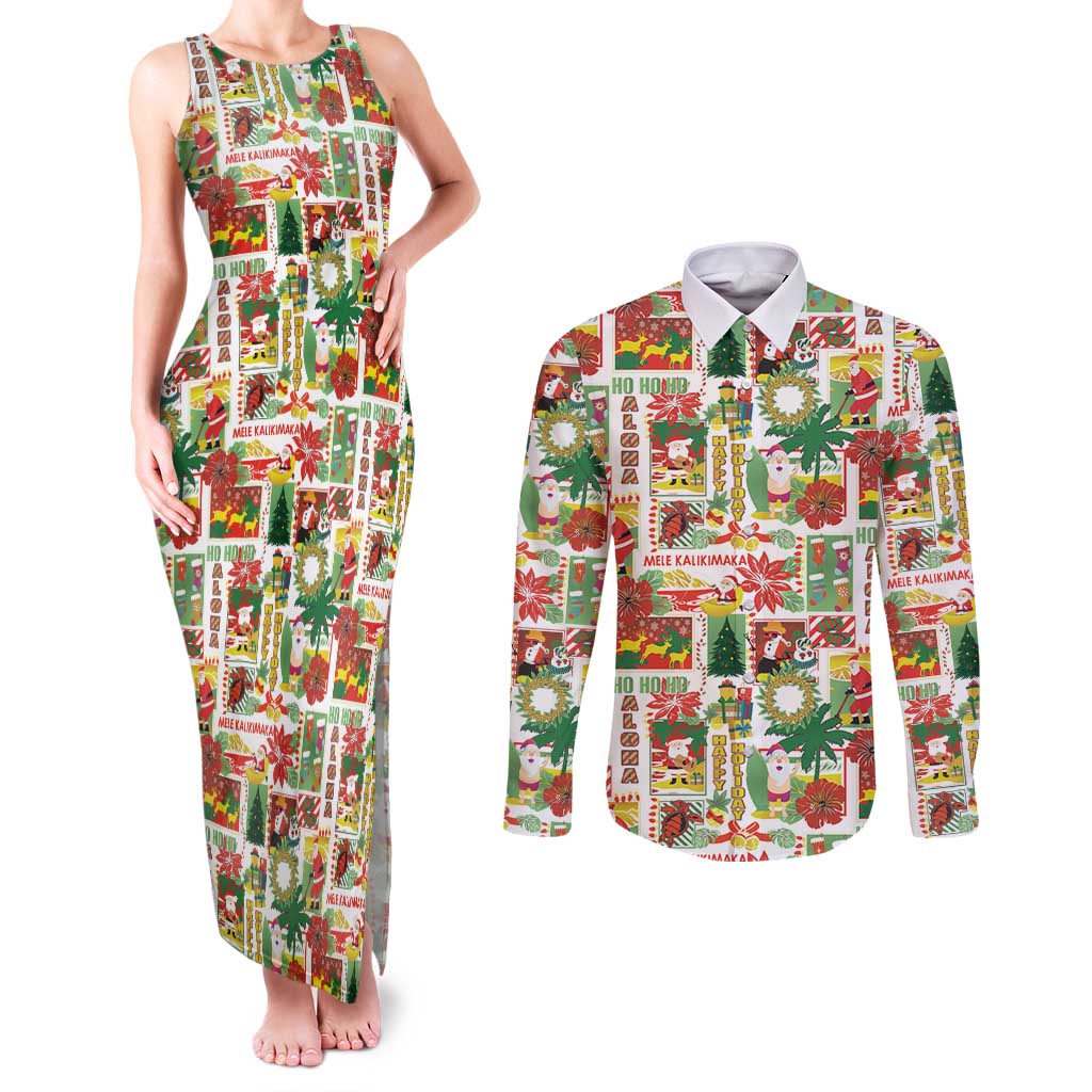 Hawaiian Santa Christmas Pattern Couples Matching Tank Maxi Dress and Long Sleeve Button Shirt White Version - Polynesian Pride