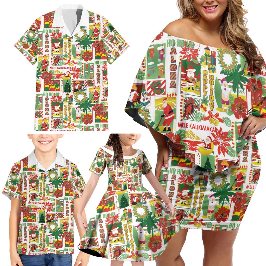 Hawaiian Santa Christmas Pattern Family Matching Off Shoulder Short Dress and Hawaiian Shirt White Version - Polynesian Pride