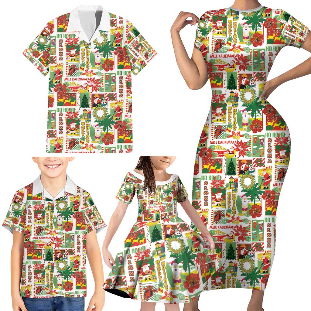 Hawaiian Santa Christmas Pattern Family Matching Short Sleeve Bodycon Dress and Hawaiian Shirt White Version - Polynesian Pride