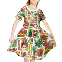 Hawaiian Santa Christmas Pattern Kid Short Sleeve Dress White Version - Polynesian Pride