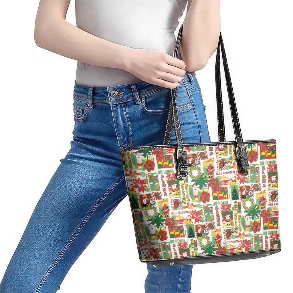 Hawaiian Santa Christmas Pattern Leather Tote Bag White Version - Polynesian Pride