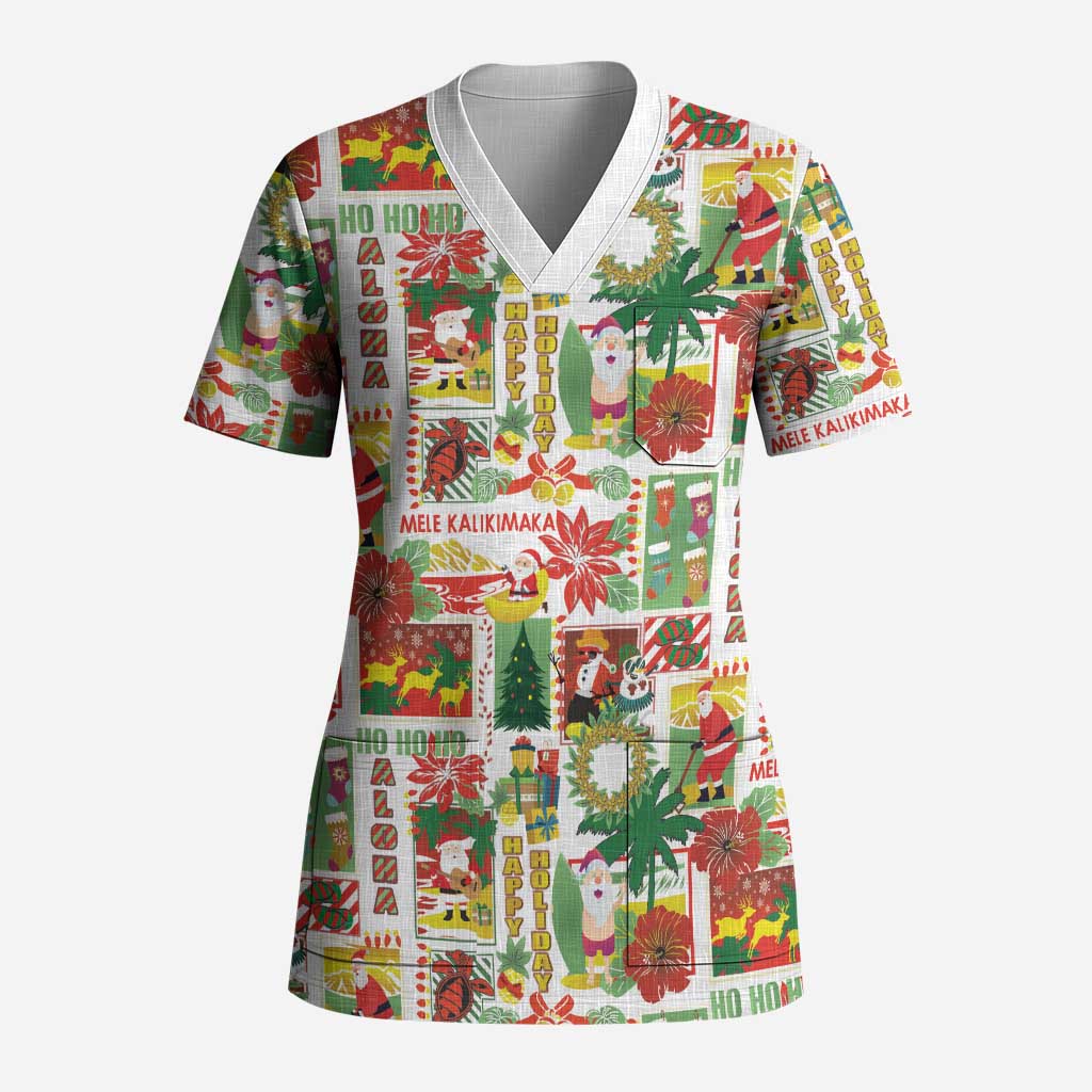 Hawaiian Santa Christmas Pattern Scrub Top White Version - Polynesian Pride