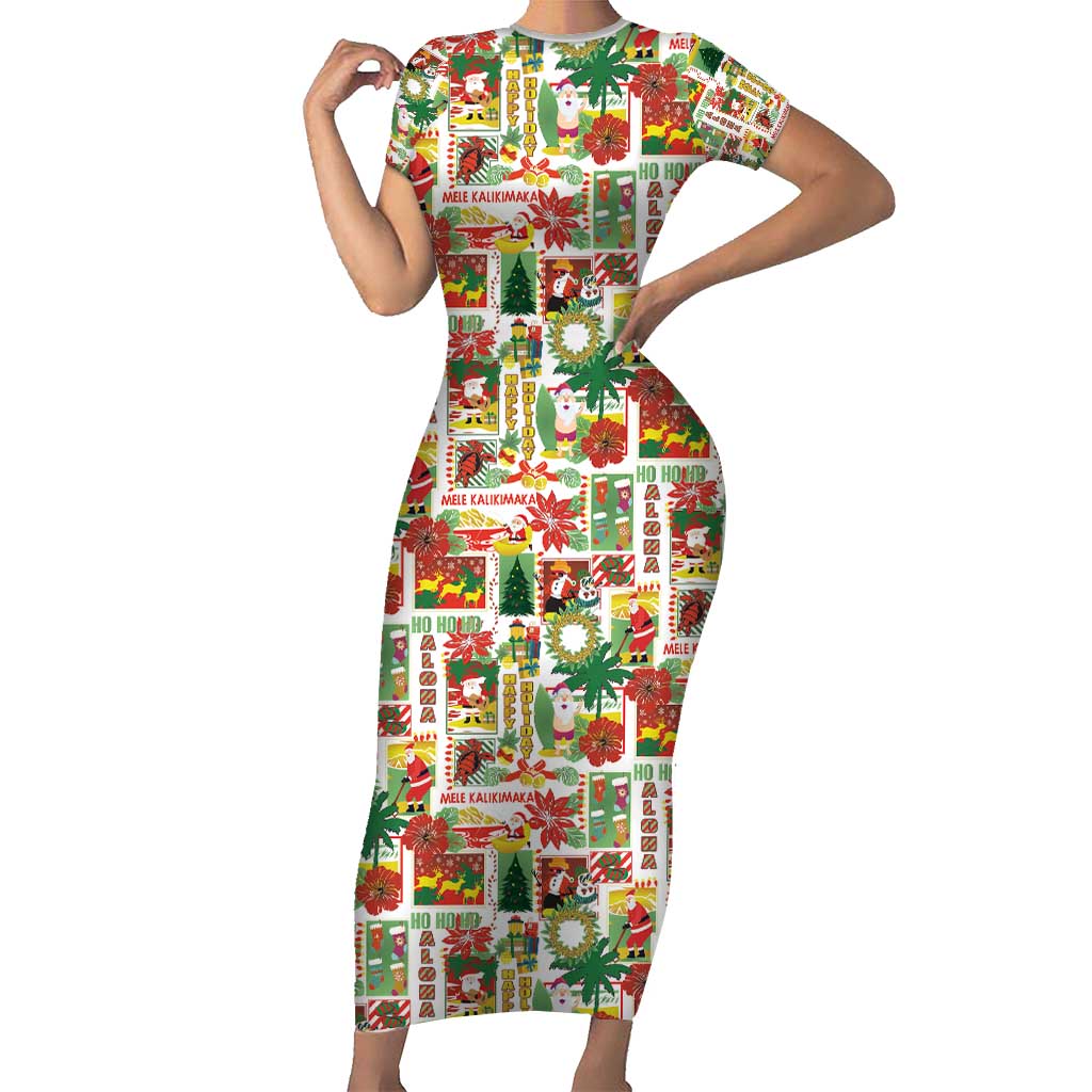 Hawaiian Santa Christmas Pattern Short Sleeve Bodycon Dress White Version - Polynesian Pride