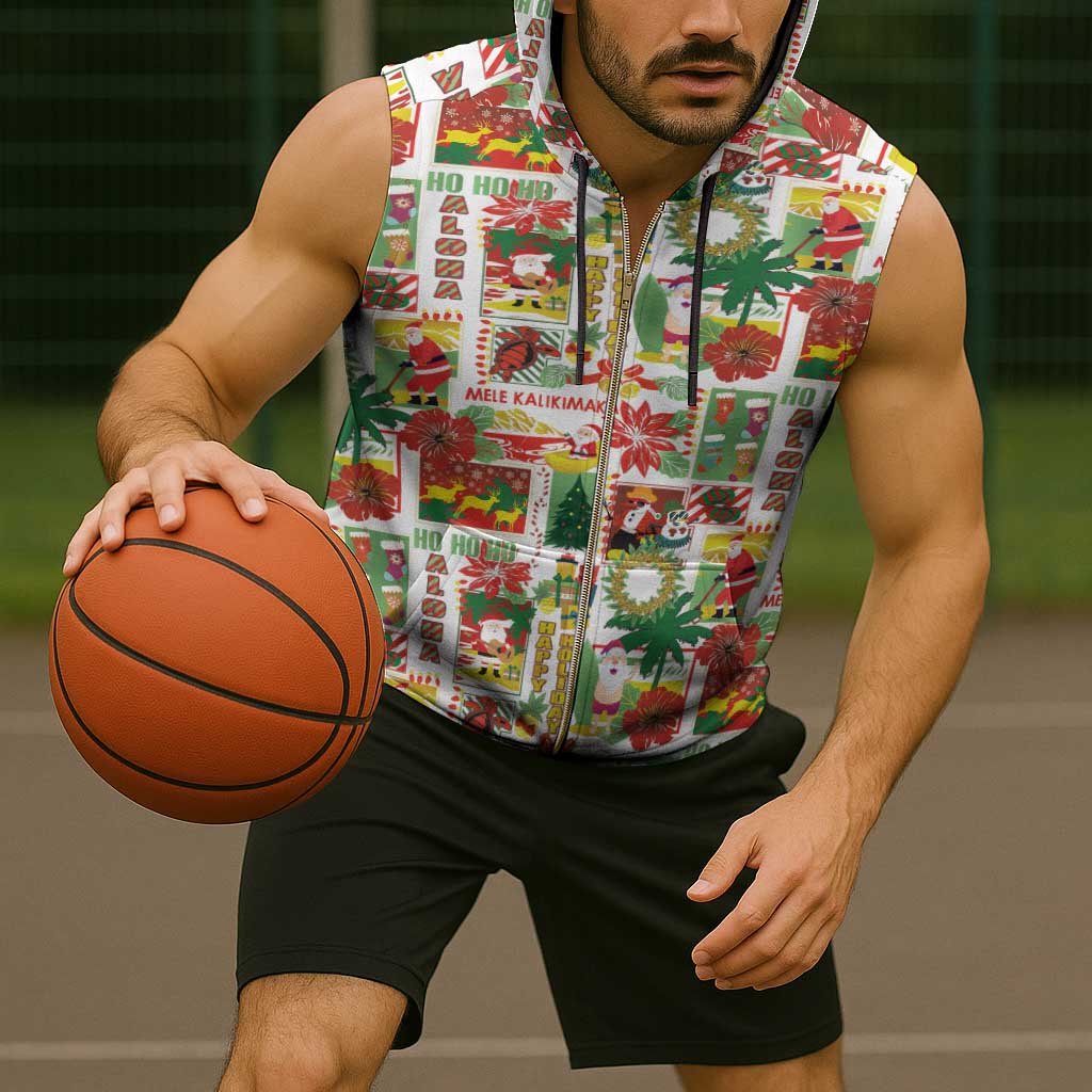 Hawaiian Santa Christmas Pattern Sleeveless Zip Hoodie White Version - Polynesian Pride