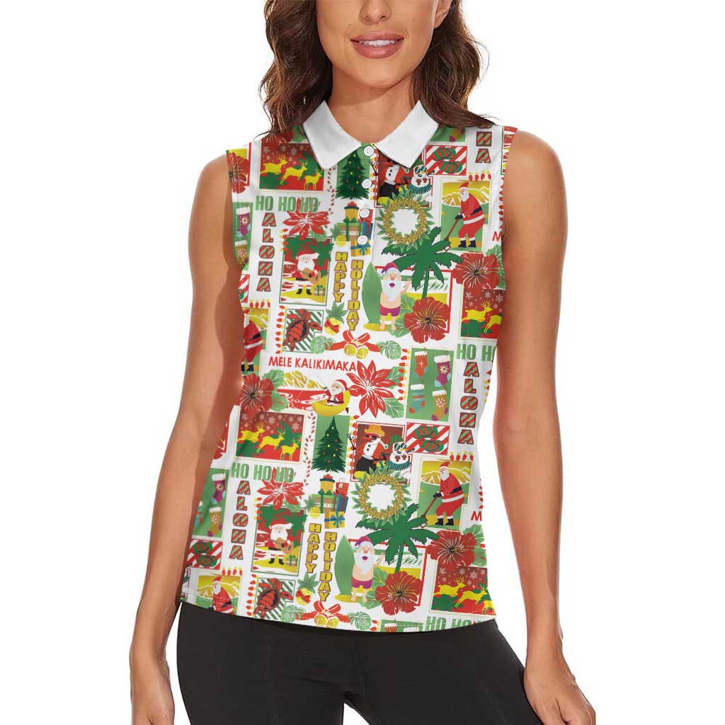 Hawaiian Santa Christmas Pattern Women Sleeveless Polo Shirt White Version - Polynesian Pride