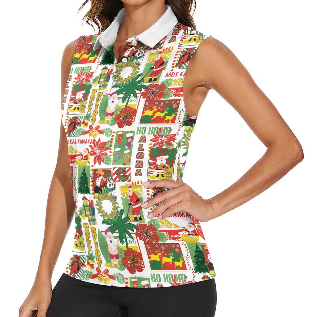 Hawaiian Santa Christmas Pattern Women Sleeveless Polo Shirt White Version - Polynesian Pride