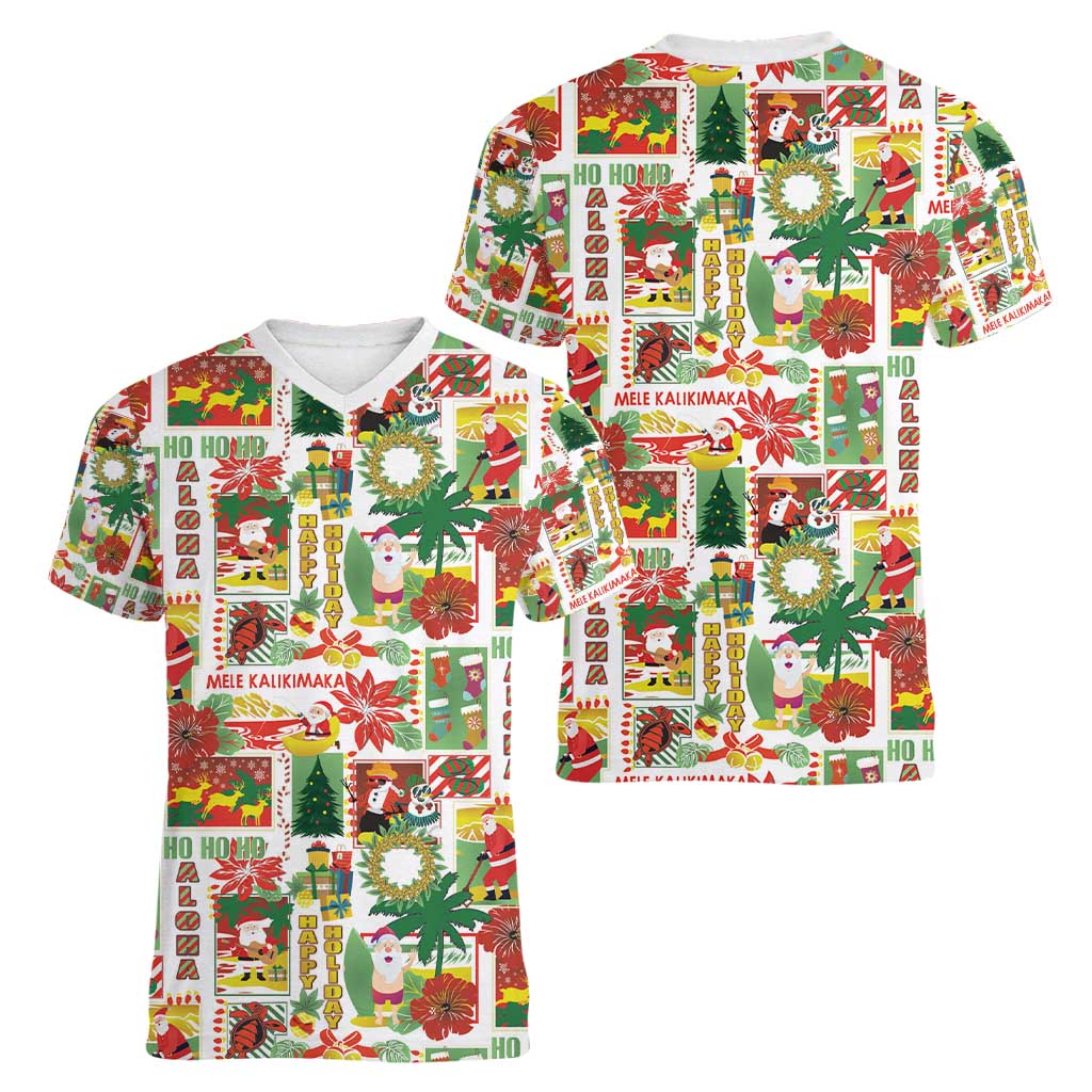 Hawaiian Santa Christmas Pattern Women V-Neck T-Shirt White Version - Polynesian Pride