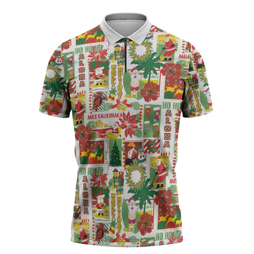 Hawaiian Santa Christmas Pattern Zipper Polo Shirt White Version - Polynesian Pride