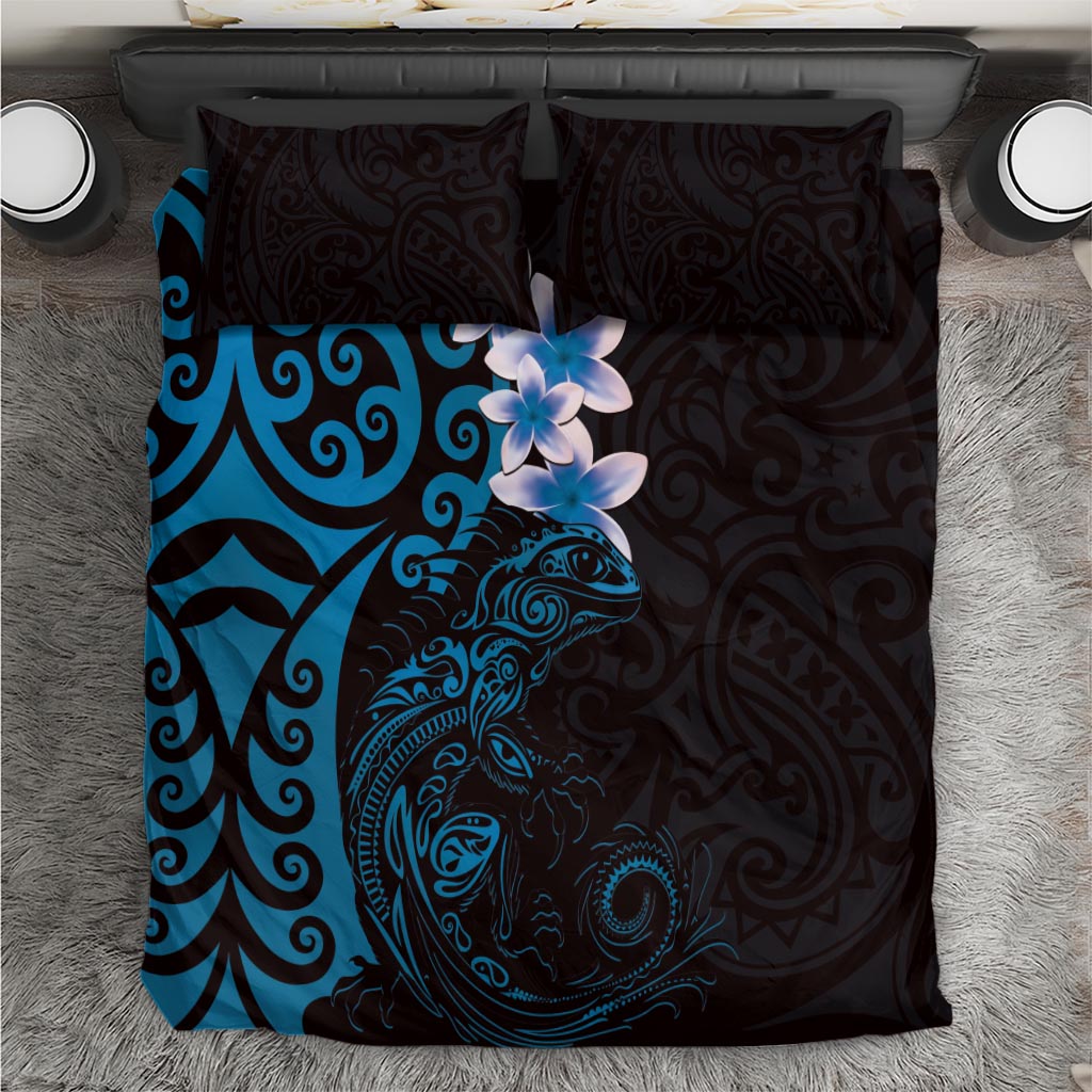 New Zealand Tuatara Plumeria Bedding Set Maori Blue Koru Tribal Tattoo