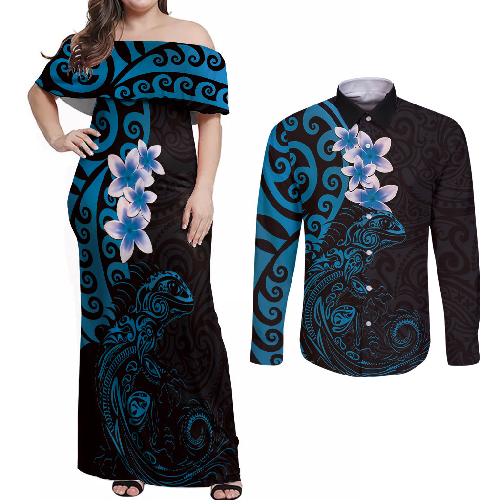 New Zealand Tuatara Plumeria Couples Matching Off Shoulder Maxi Dress and Long Sleeve Button Shirt Maori Blue Koru Tribal Tattoo LT01 Blue - Polynesian Pride