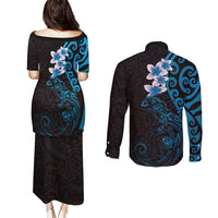 New Zealand Tuatara Plumeria Couples Matching Puletasi and Long Sleeve Button Shirt Maori Blue Koru Tribal Tattoo LT01 - Polynesian Pride