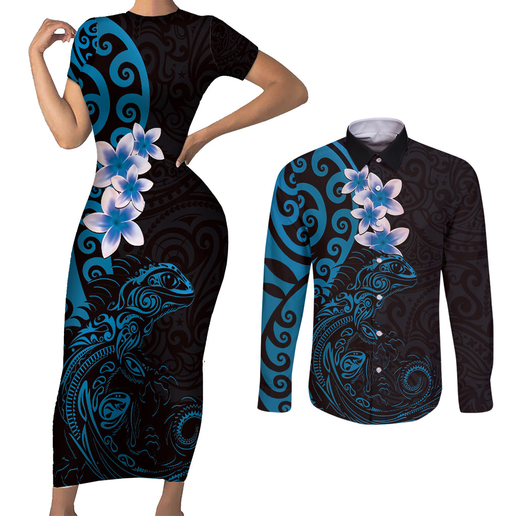 New Zealand Tuatara Plumeria Couples Matching Short Sleeve Bodycon Dress and Long Sleeve Button Shirt Maori Blue Koru Tribal Tattoo