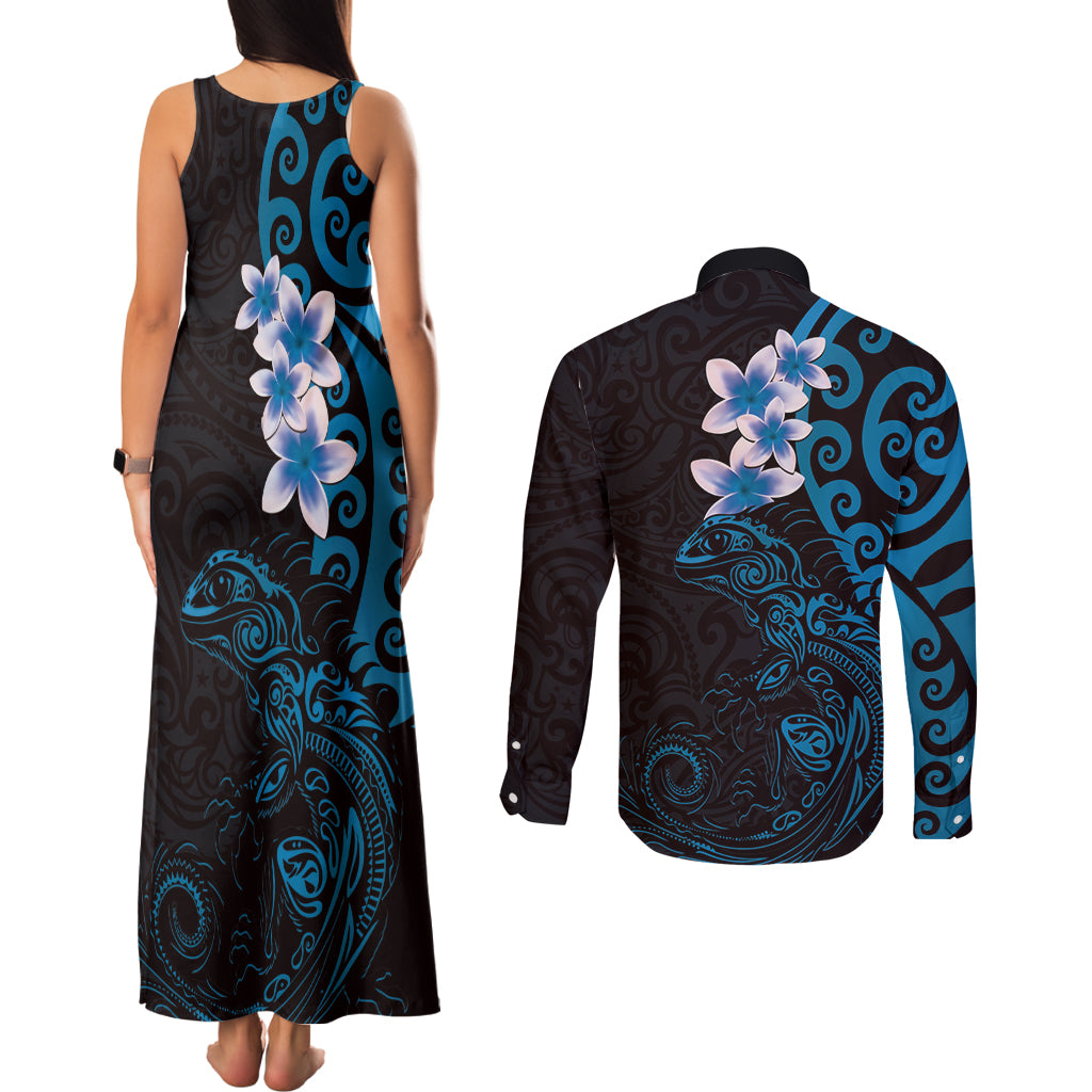 New Zealand Tuatara Plumeria Couples Matching Tank Maxi Dress and Long Sleeve Button Shirt Maori Blue Koru Tribal Tattoo LT01 - Polynesian Pride