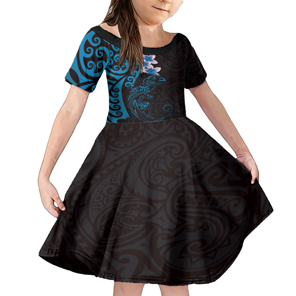 New Zealand Tuatara Plumeria Family Matching Long Sleeve Bodycon Dress and Hawaiian Shirt Maori Blue Koru Tribal Tattoo LT01 Daughter's Dress Blue - Polynesian Pride