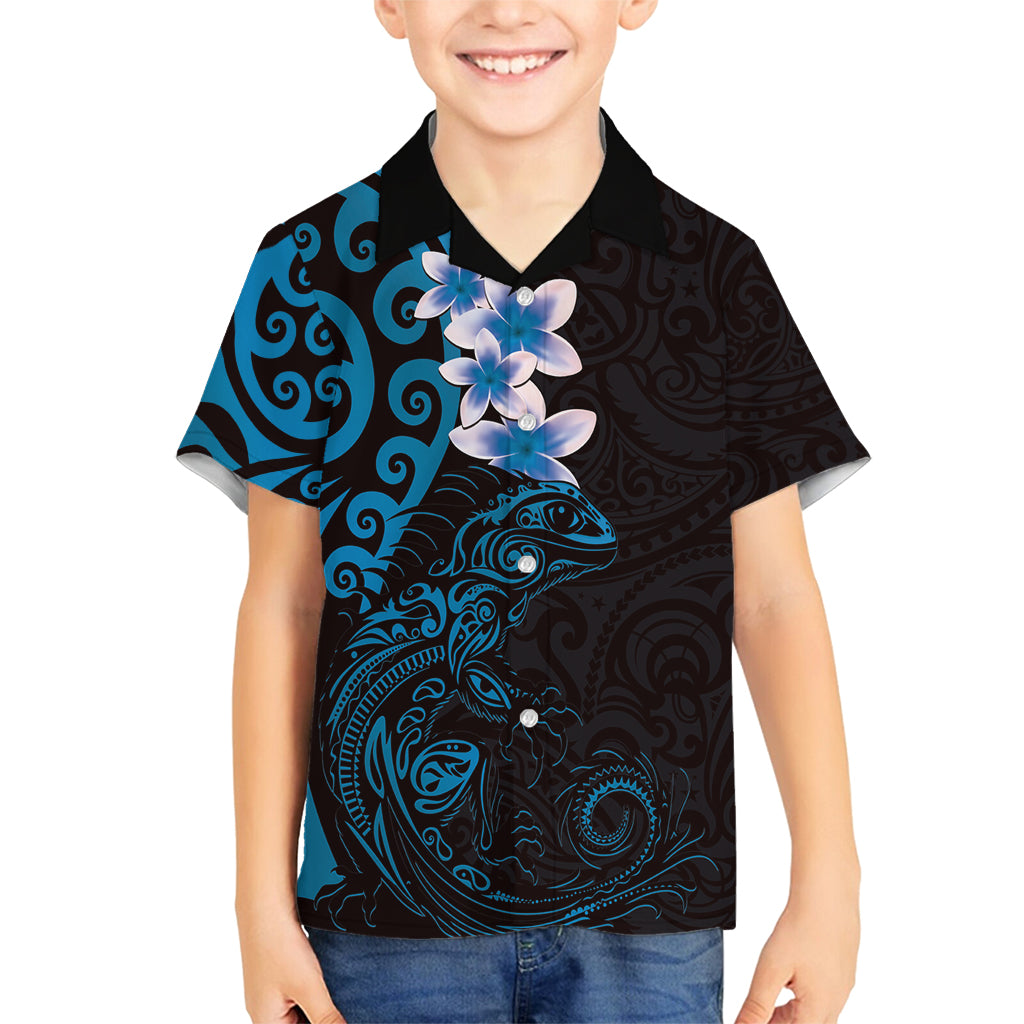 New Zealand Tuatara Plumeria Family Matching Long Sleeve Bodycon Dress and Hawaiian Shirt Maori Blue Koru Tribal Tattoo LT01 Son's Shirt Blue - Polynesian Pride