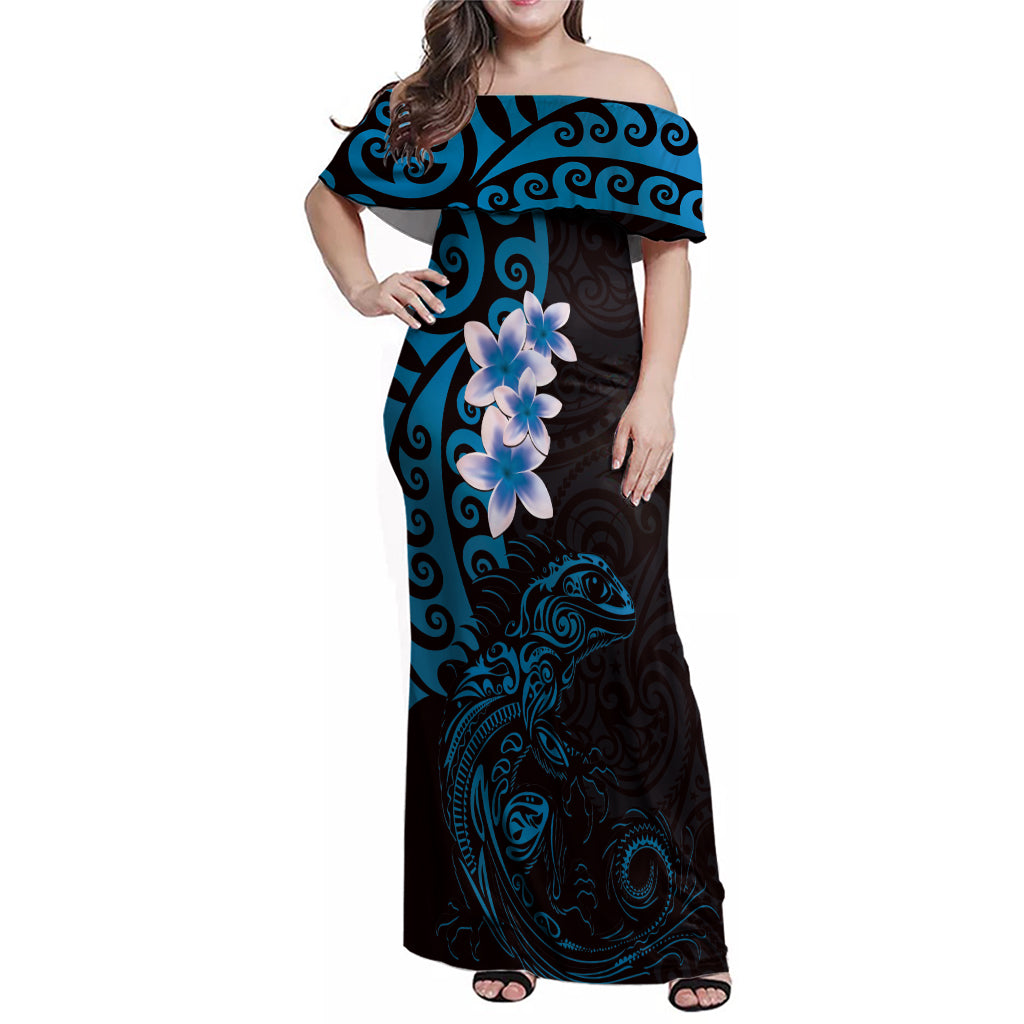 New Zealand Tuatara Plumeria Family Matching Off Shoulder Maxi Dress and Hawaiian Shirt Maori Blue Koru Tribal Tattoo
