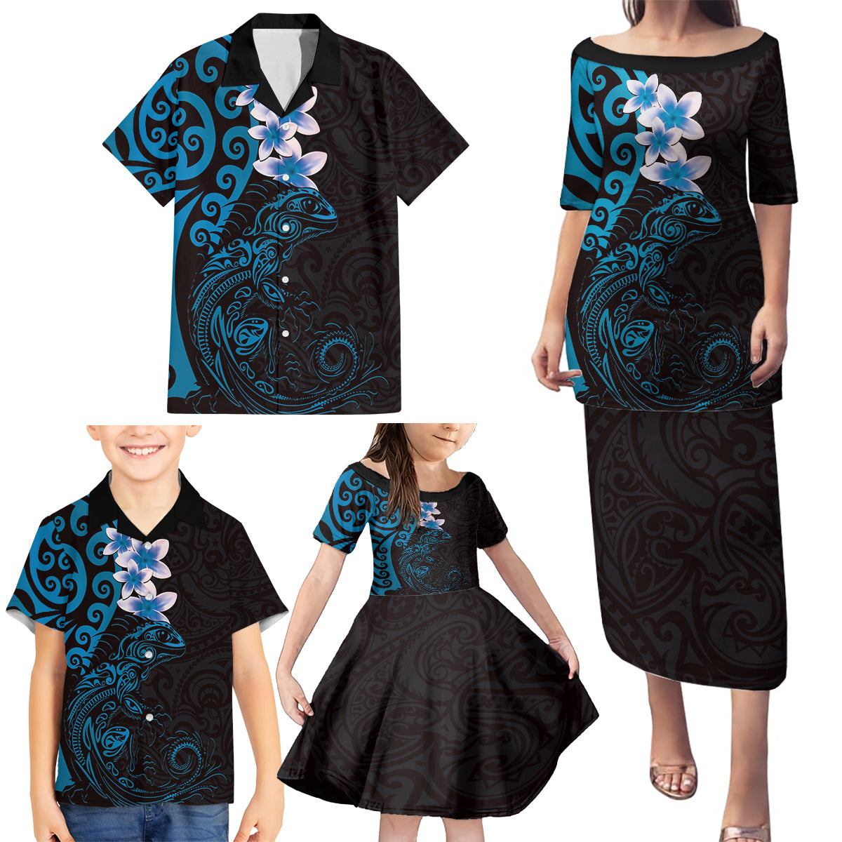 New Zealand Tuatara Plumeria Family Matching Puletasi and Hawaiian Shirt Maori Blue Koru Tribal Tattoo LT01 - Polynesian Pride