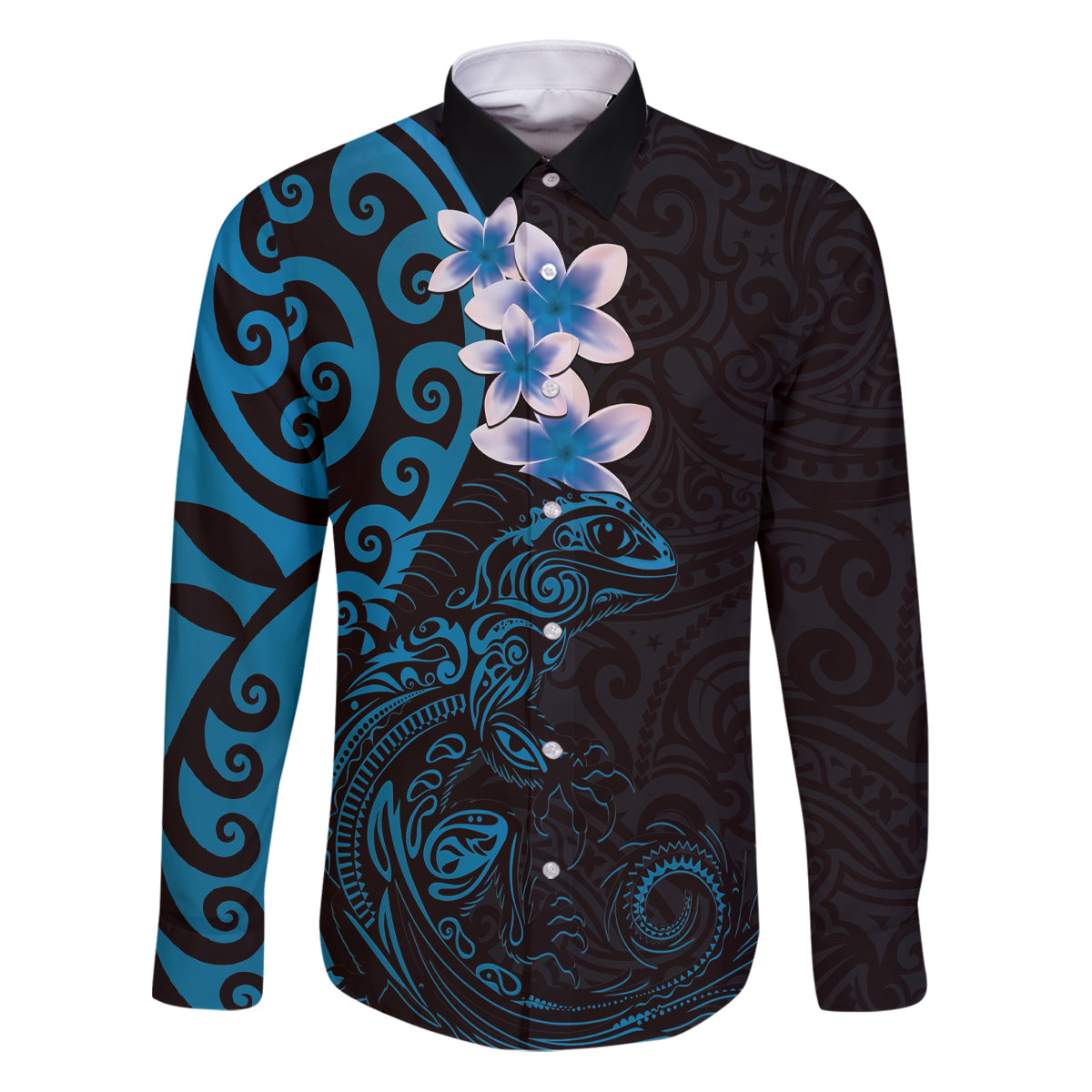 New Zealand Tuatara Plumeria Family Matching Puletasi and Hawaiian Shirt Maori Blue Koru Tribal Tattoo LT01 Dad's Shirt - Long Sleeve Blue - Polynesian Pride